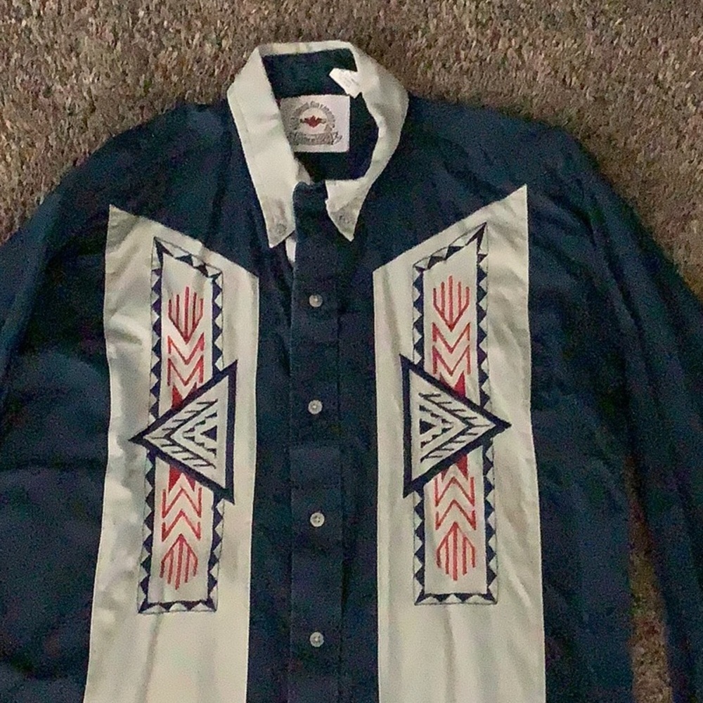 Mid Western Garments Medium Blue Beige Aztek Western Shirt - Picture 3 of 7